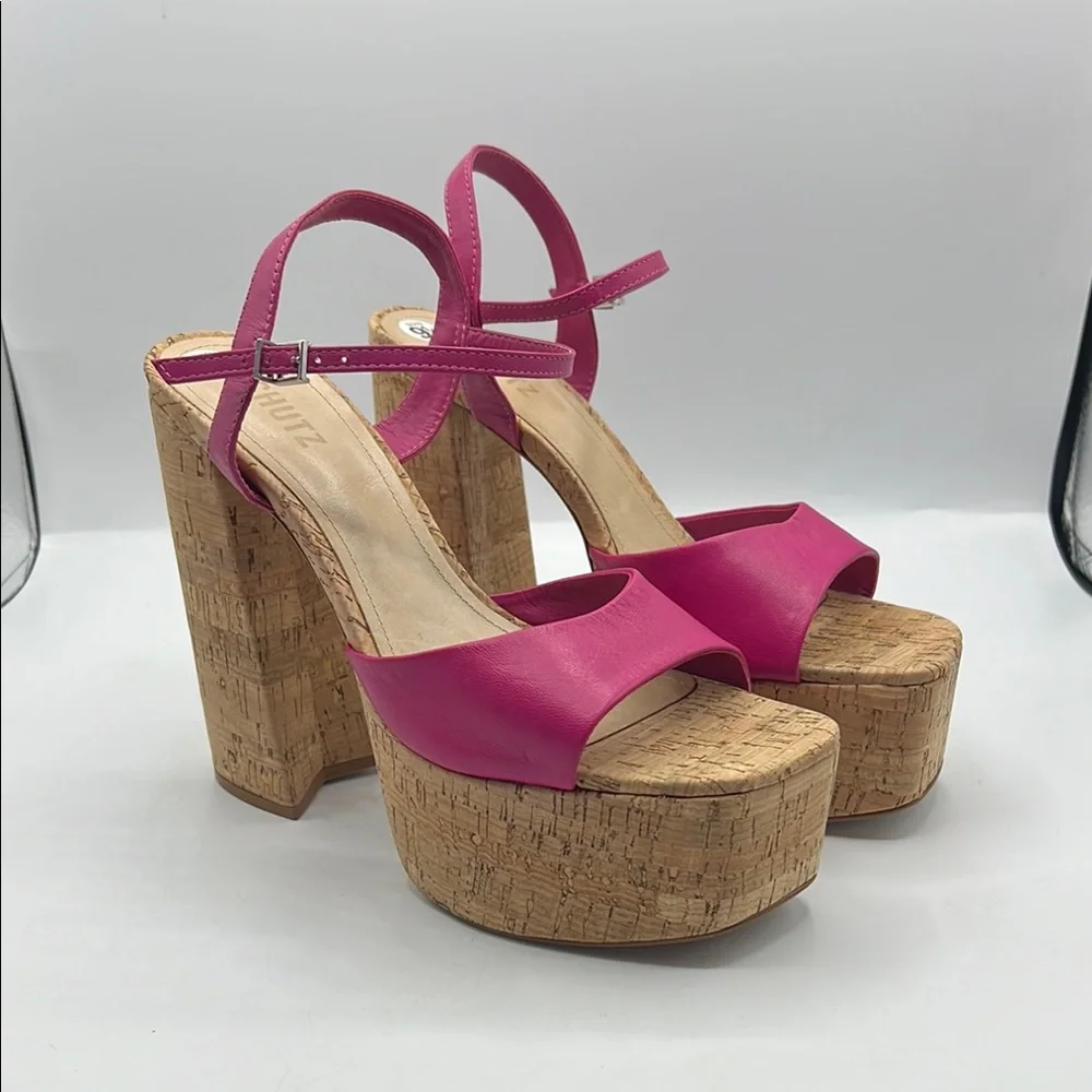SCHUTZ Sz 9 1/2 GLAYCE NAPPA LEATHER‎ SANDAL Pink Tan Platform Chunky Heel NEW